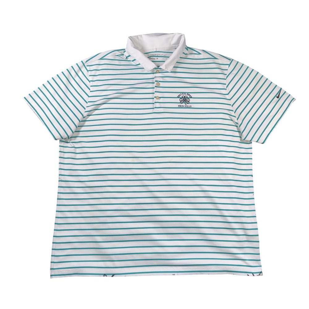 Nike Golf 2017 US Open Erin Hills Polo Shirt Mens White Green Striped Logo Golf